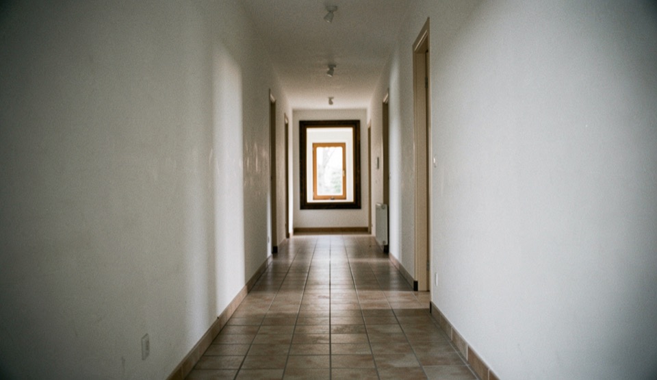 Un couloir vide avec un cadre accroché au fond, sol carrelé, perspective centrée, lumière naturelle en enfilade, plan large à 28 mm.