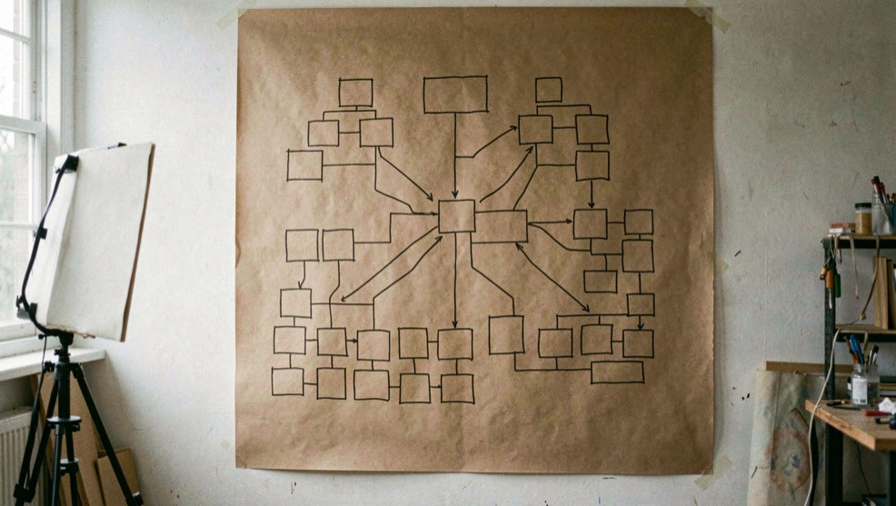Un schéma arborescent tracé au feutre noir sur un grand papier kraft fixé au mur, cases reliées par des traits, lumière d’atelier, plan large.