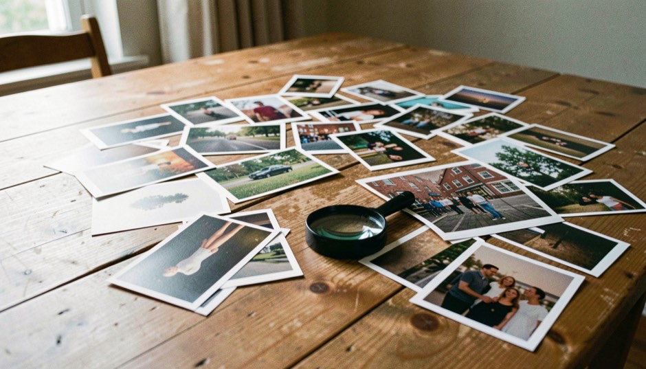 Des tirages photographiques étalés en désordre sur une grande table en bois, une loupe posée dessus, lumière naturelle de côté, plan large.