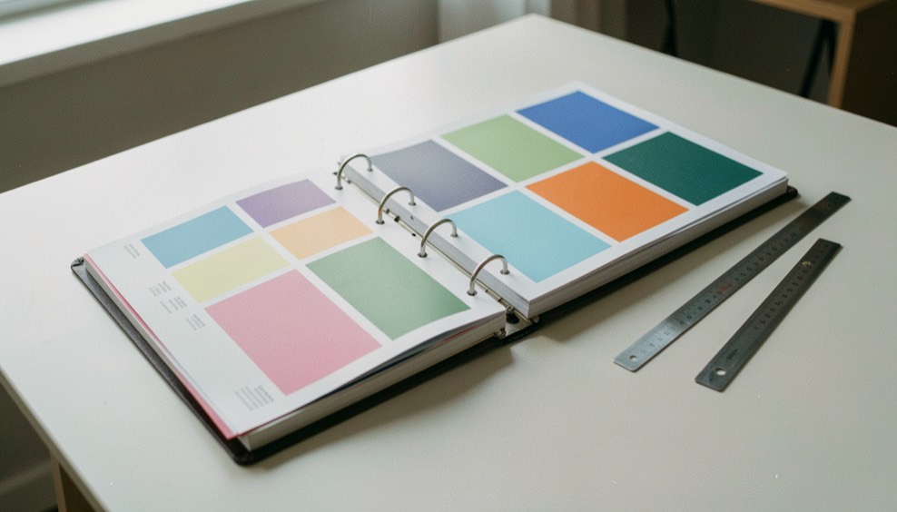 Un classeur à anneaux ouvert sur des planches imprimées d’aplats de couleur, posé sur une table claire, règle métallique à côté, lumière de midi, plan large.