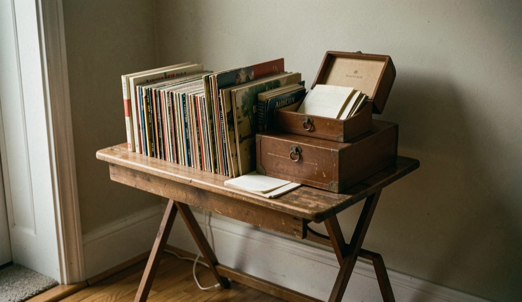 Une petite table pliante dressée dans un vestibule avec des livres et des disques alignés, caisse et cahier de caisse posés dessus, lumière de fin de soirée.