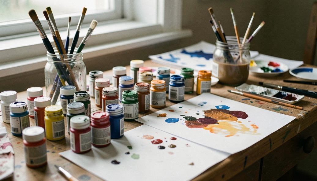 Une table d’atelier couverte de pots de gouache, de pinceaux dans un bocal et de feuilles tachées, lumière latérale, plan serré.
