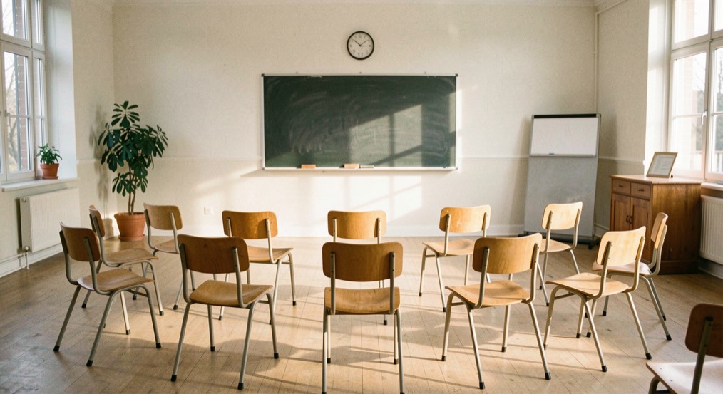Une salle de cours vide avec des chaises rangées en cercle, un tableau noir au fond, parquet clair, lumière de fin d’après-midi, plan large.