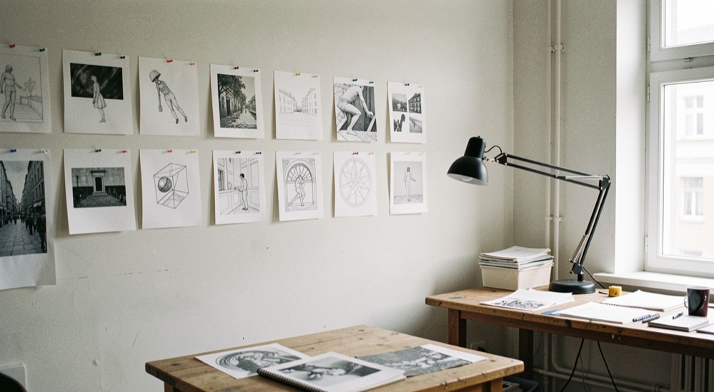 Un atelier de graphisme vu en plan large, des planches imprimées épinglées sur un mur clair et une lampe articulée éteinte, lumière naturelle de midi, 35 mm.