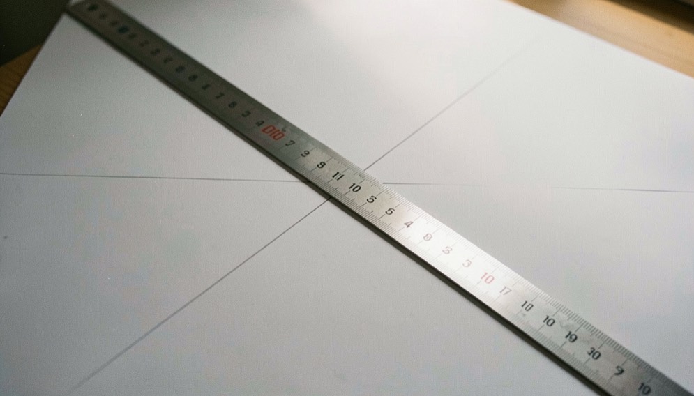 Un réglet métallique gradué posé en diagonale sur une grande feuille blanche, un repère tracé au crayon, lumière rasante qui révèle l’épaisseur du papier.