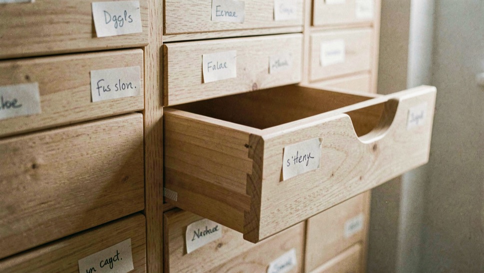 Un bureau d’artisan sicilien en fin d’après-midi, lumière chaude entrant par une fenêtre latérale, chemises de dossiers et calculatrice posées sur un plan de travail en bois, cadrage serré à hauteur de table.