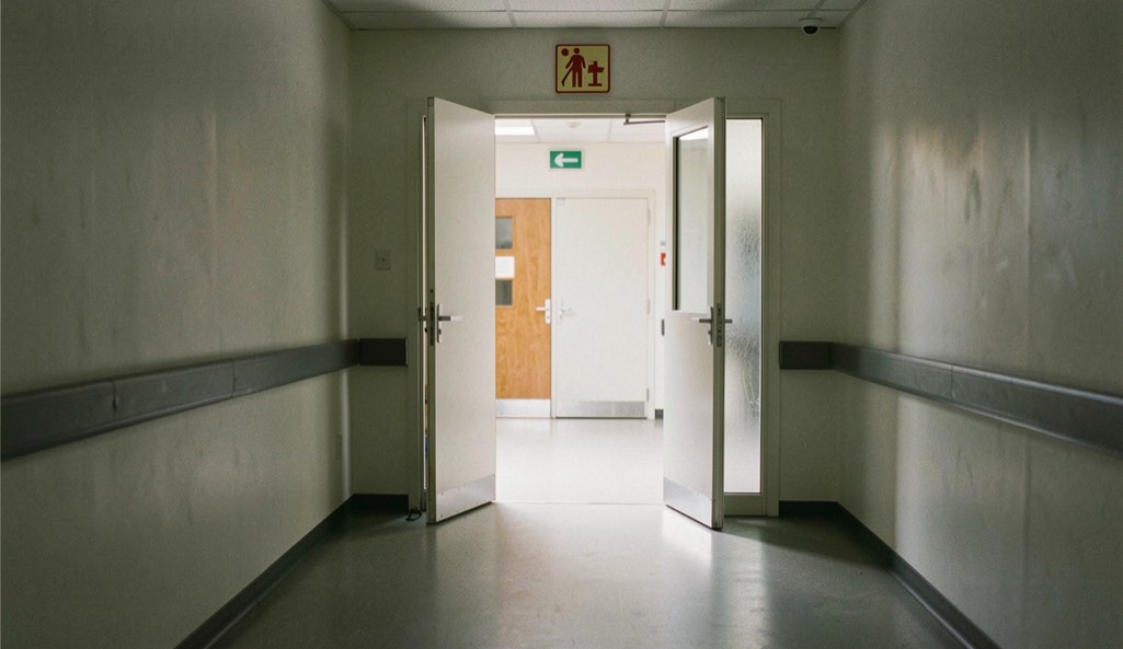 Une double porte de sortie entrouverte sur un couloir éclairé, pictogramme de secours au-dessus, sol lisse, lumière froide, plan moyen.