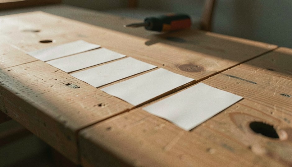 Une longue table dressée pour un repas nombreux, menus pliés posés contre les verres et étiquettes devant les plats, lumière de fin d’après-midi, plan large.