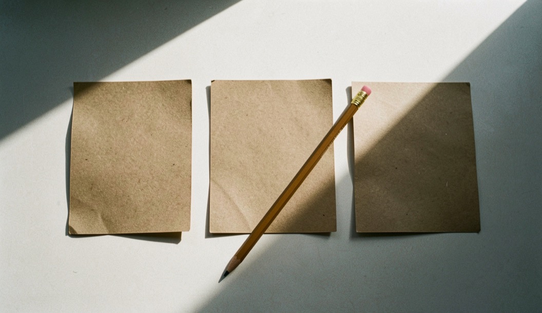 Trois fiches cartonnées vierges alignées sur une table claire, un crayon posé en diagonale, ombres nettes, lumière rasante, vue de dessus.