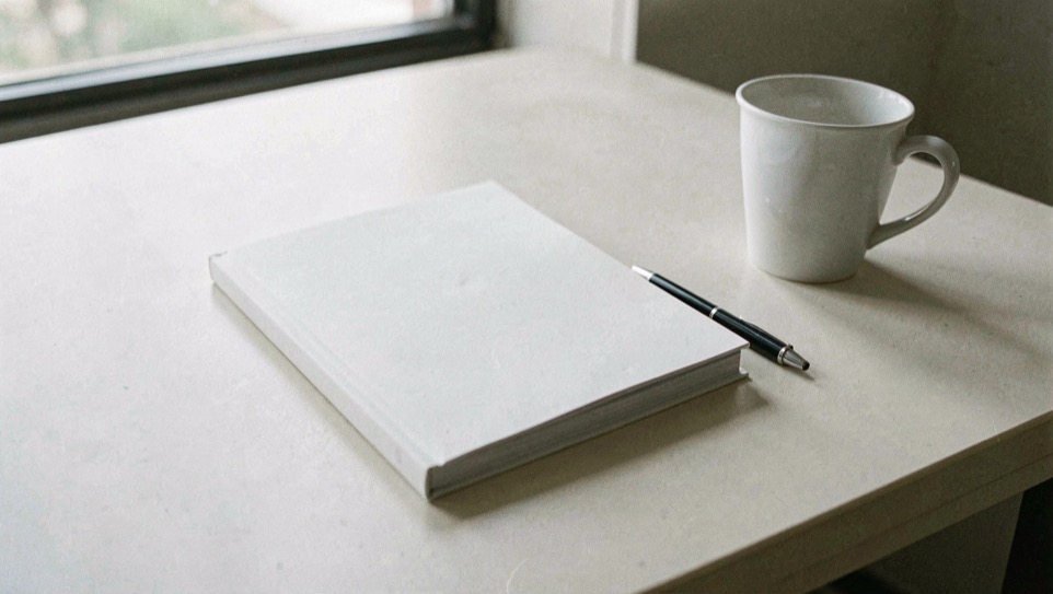 Un document brochure fermé posé sur un bureau clair à côté d’un stylo et d’une tasse vide, couverture sans texte lisible, lumière du matin, plan large.