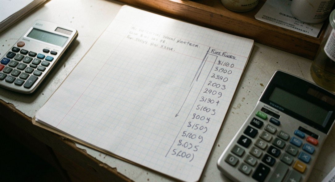 Un tableau de relevés de prix écrit au crayon sur une feuille quadrillée posée sur un comptoir, calculatrice à côté, lumière latérale, vue de dessus.