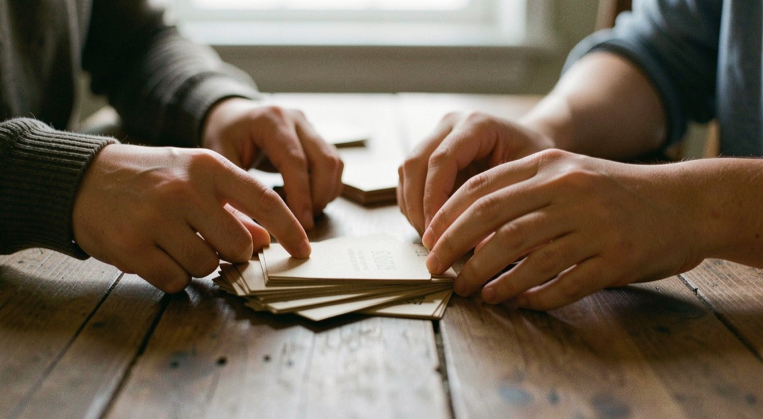Deux mains classent une pile de fiches cartonnées sur une table en bois, aucun visage visible, lumière latérale, faible profondeur de champ.